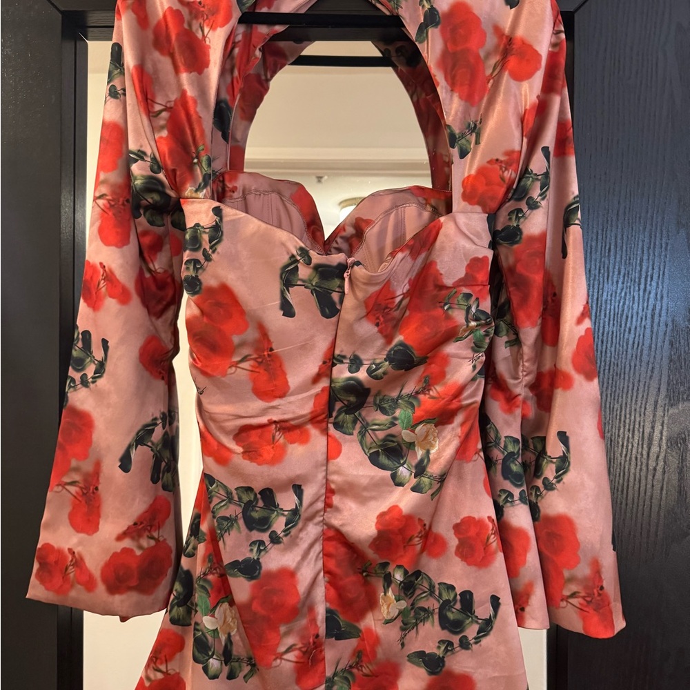 House of CB Toira Size L Pink Satin Dress with Red Floral Print - Picture 4 of 7